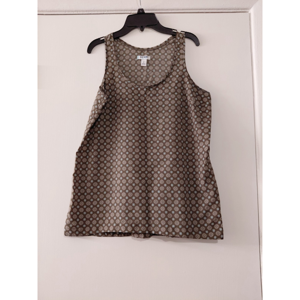 Ladies Small Sleeveless Top Brown Geometric Pattern S EUC Round Neck